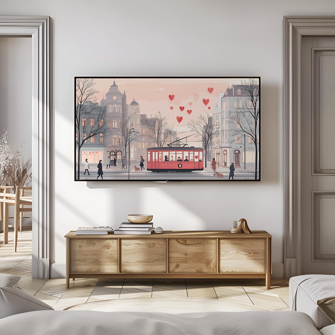 European City Tram Street Romantic Hearts Vintage Travel Poster - Image 2