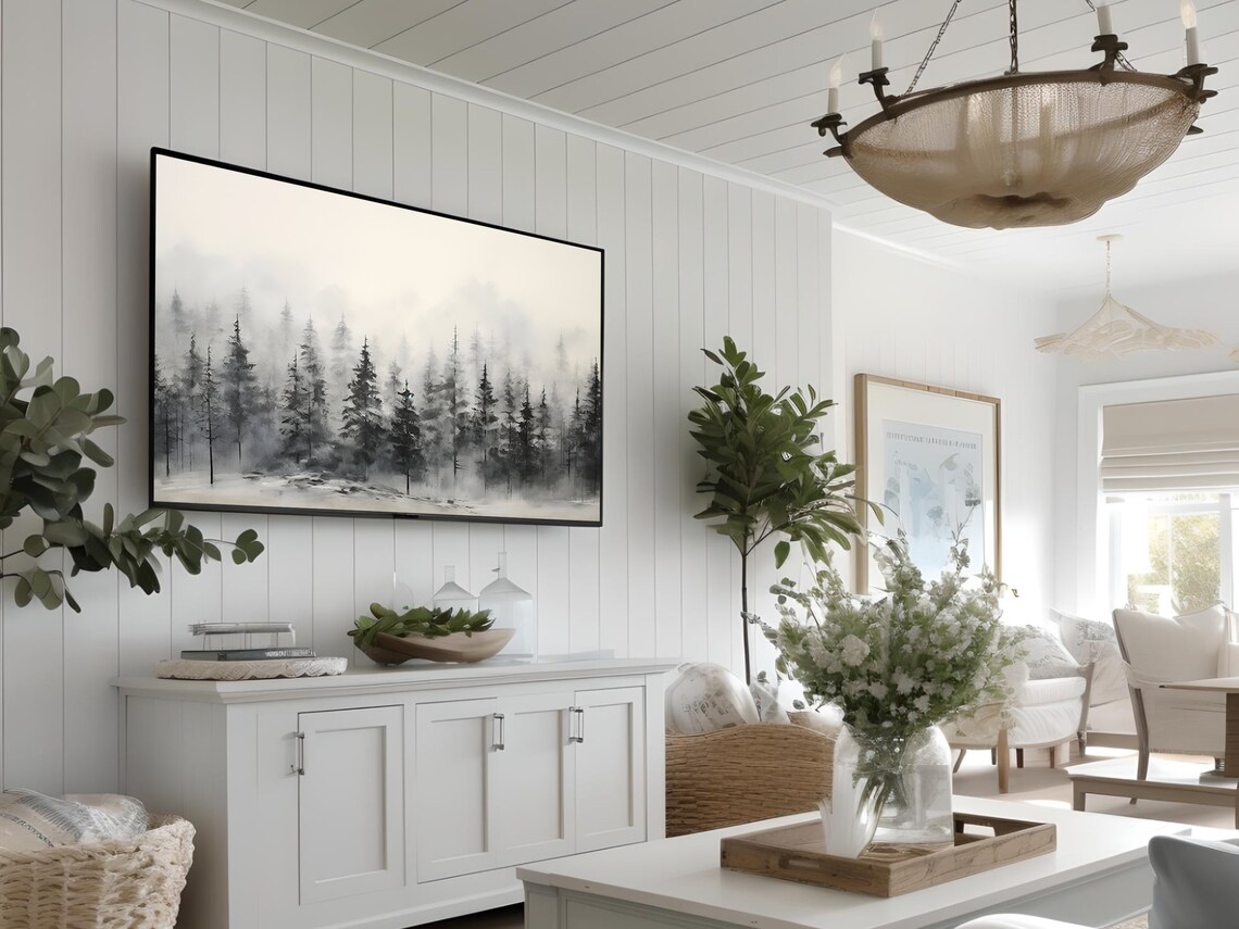 Misty Pine Forest In Winter Fog Black And White Nature Wall Art - Image 3