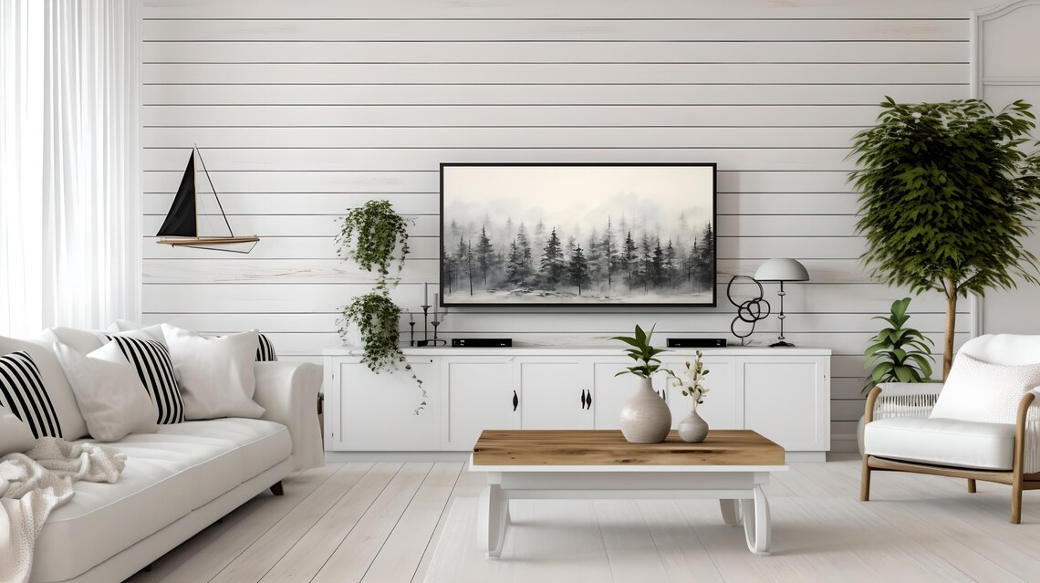 Misty Pine Forest In Winter Fog Black And White Nature Wall Art - Image 2