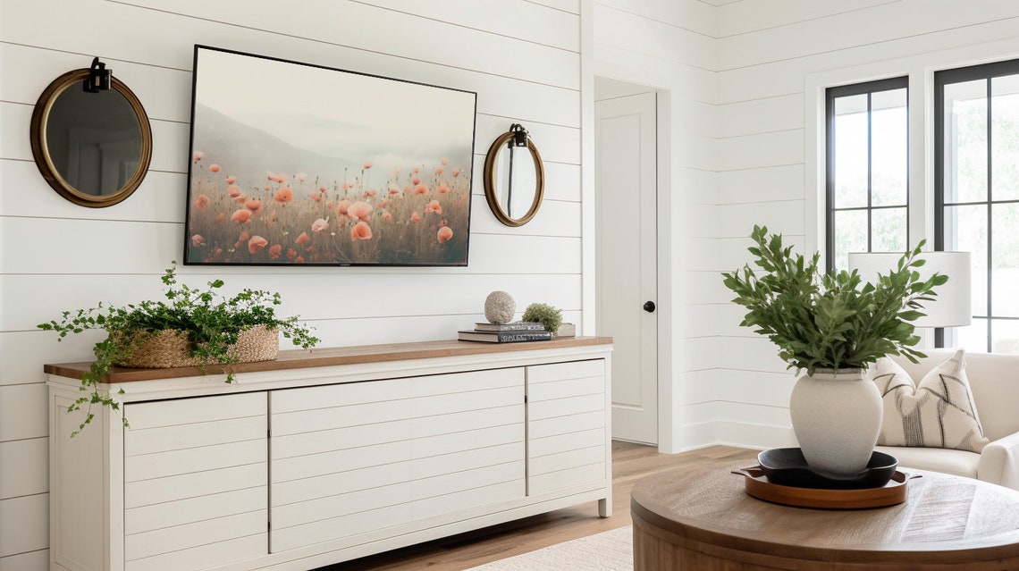 Soft Coral Poppies Field Misty Mountain Meadow Landscape Poster - Image 3