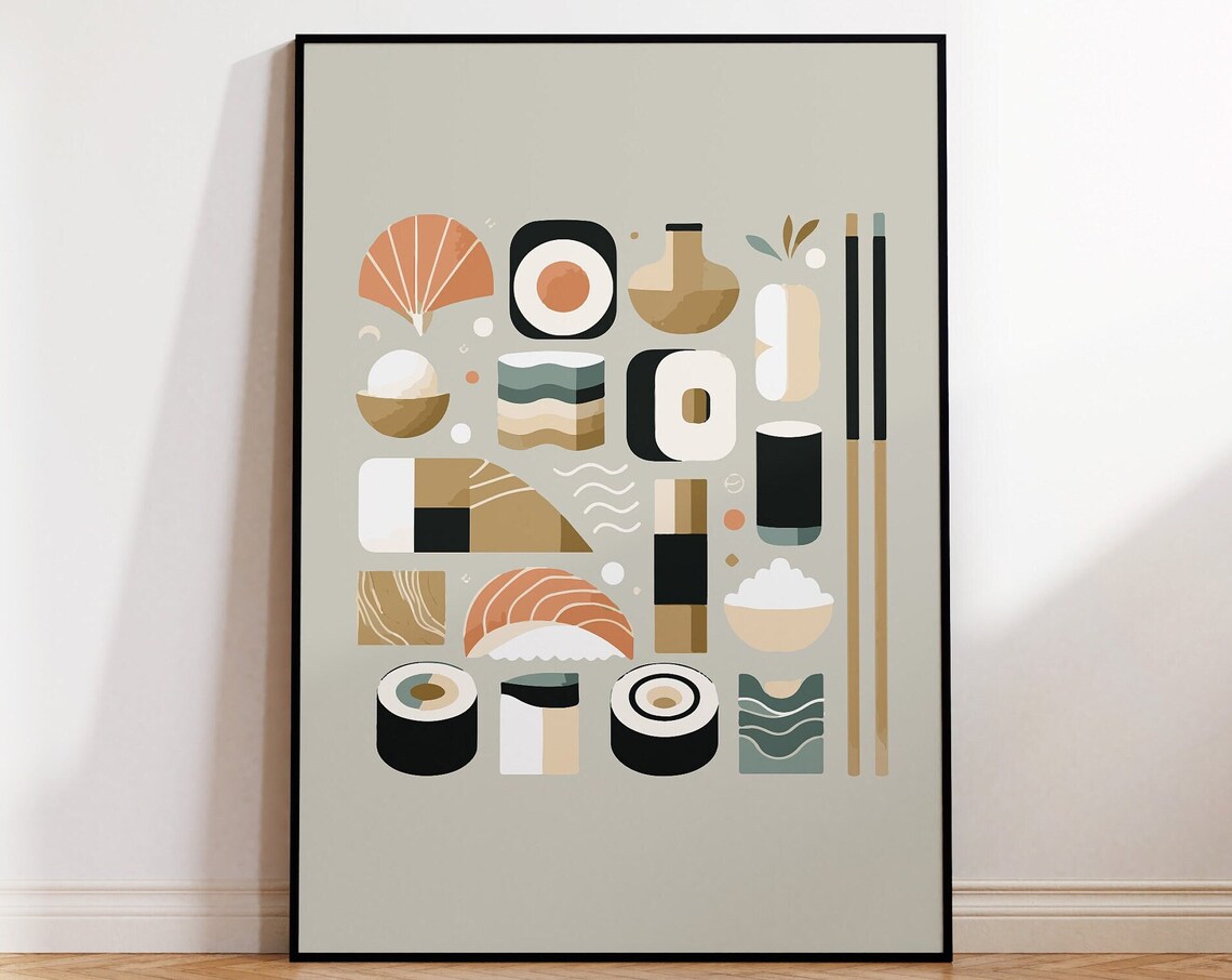 Pastel Sushi Poster Soft Sage Gold Japanese Food Icons on Green