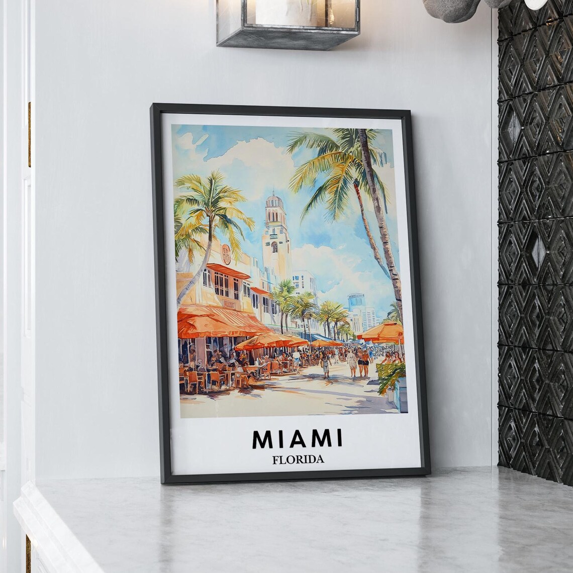 Miami Florida Watercolor Poster Art Deco Palm Street South Beach Travel