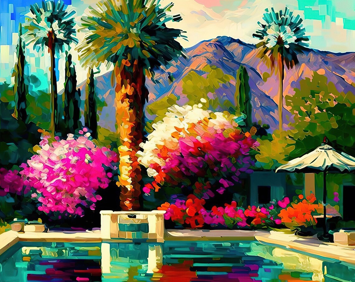 Palm Springs Pool Scene, Colorful Painting Print - Image 5