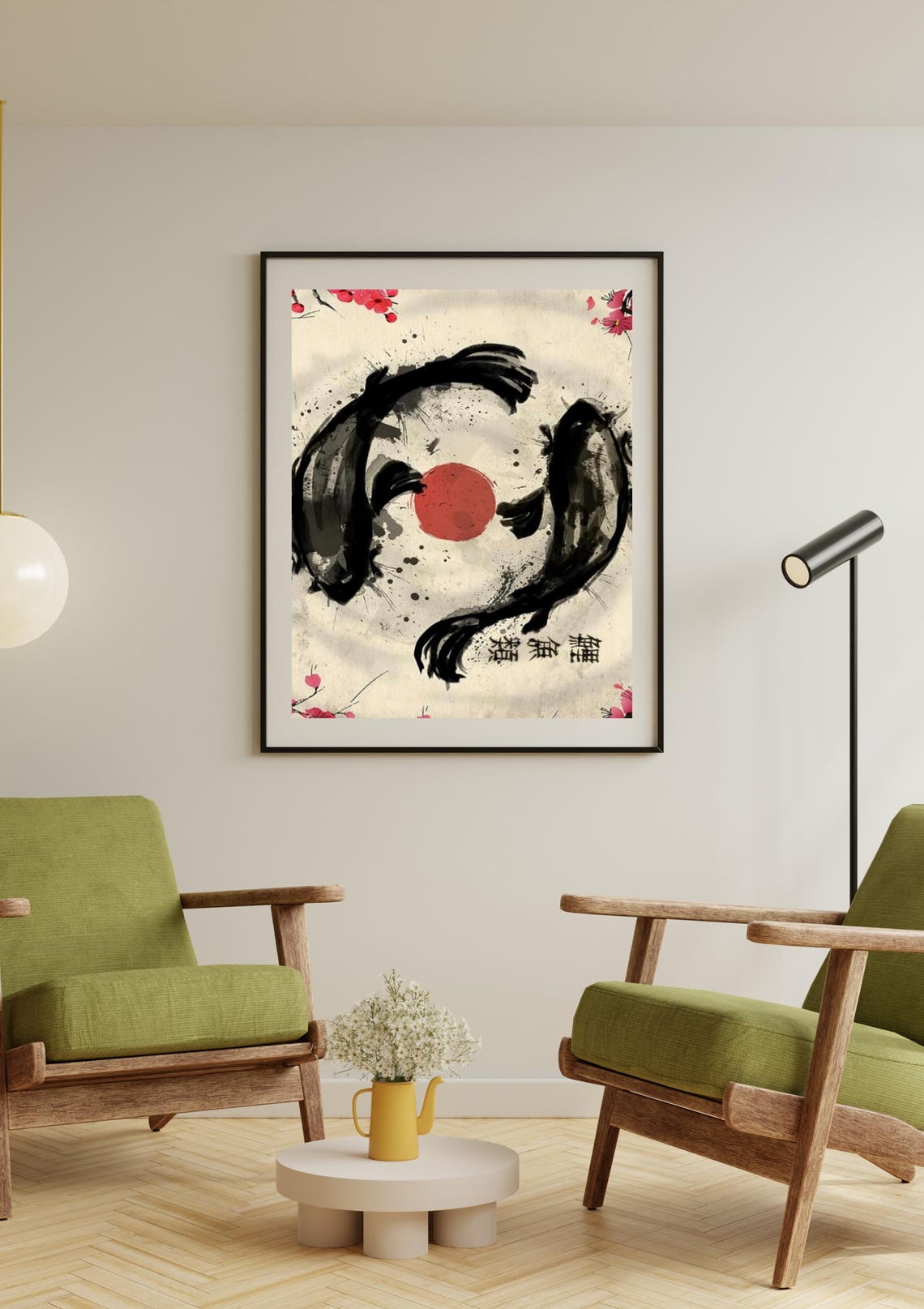 Sumi-e Koi Fish Circling Red Sun Cherry Blossom Ink Art Poster