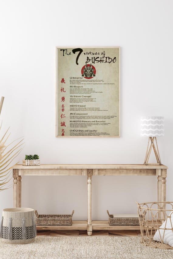 The 7 Virtues Of Bushido Samurai Code Parchment Vintage Style Poster