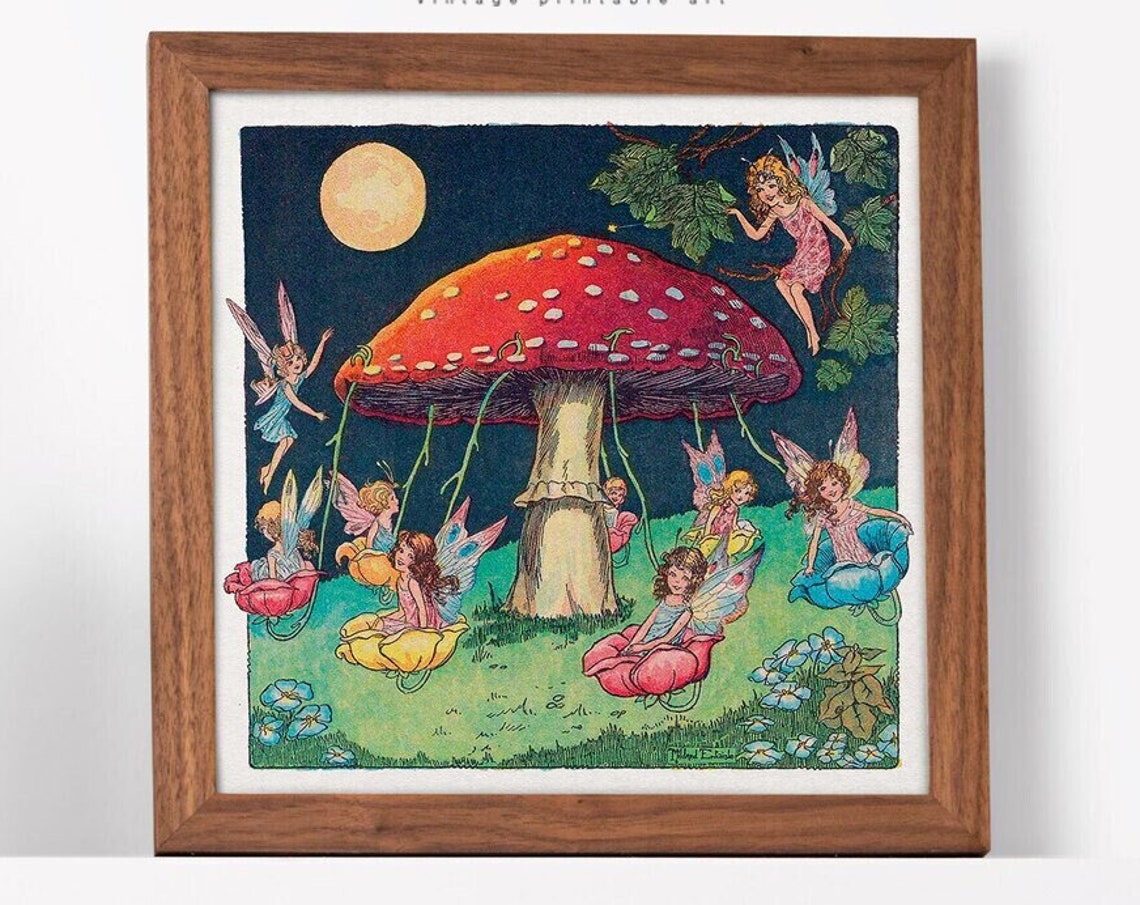 Fairies Under Toadstool Moonlight Vintage Fairy Ring Night Art Poster