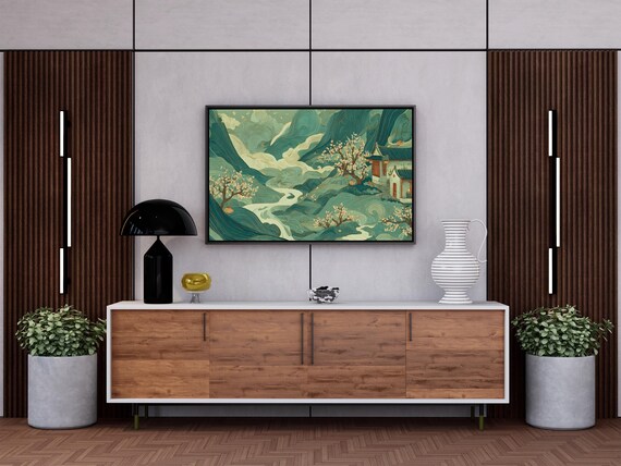 Jade Mountain Frame Tv Art Ethereal Asian Landscape Swirling Clouds Pagoda Serene Zen Fantasy Teal Home Decor 4k