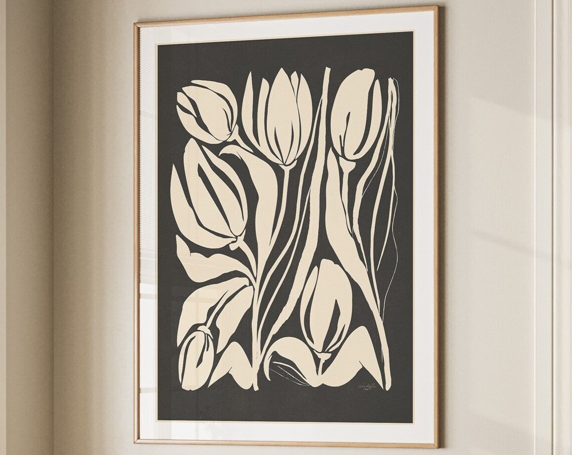 Minimalist Tulip Art Print, Beige Black Floral