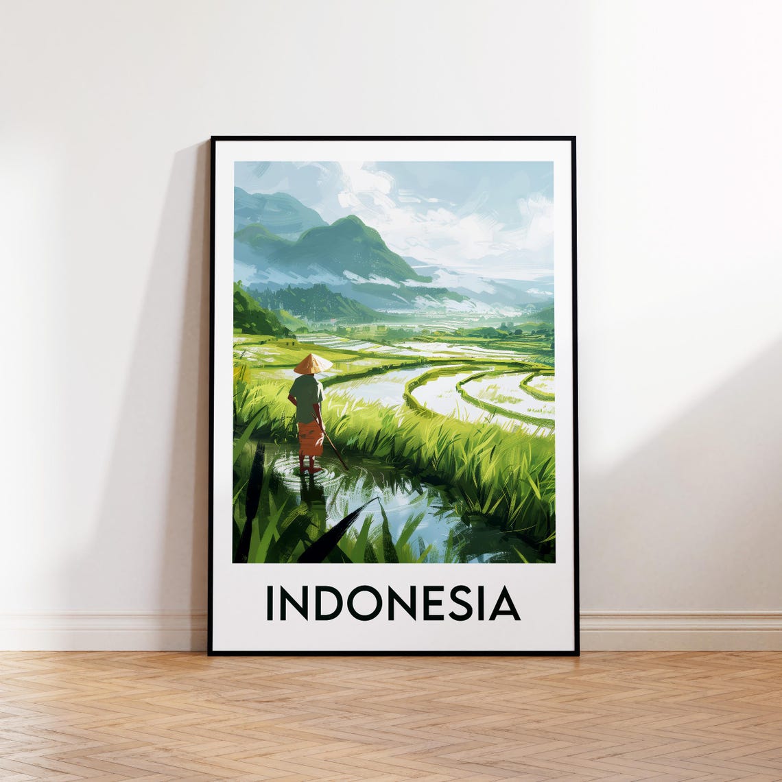 Indonesia Rice Terraces Farmer Misty Mountains Green Valley Poster