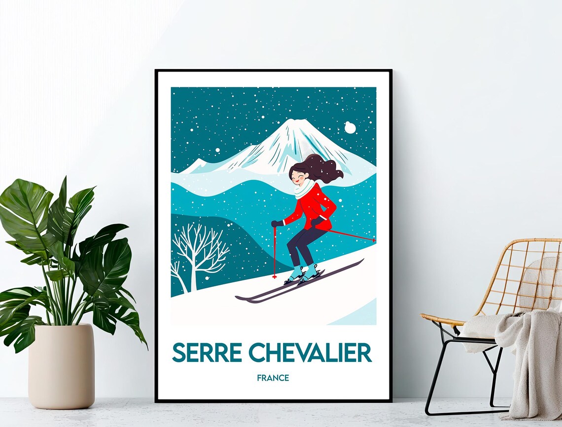 Serre Chevalier France Woman Skiing Under Snowy Peaks Travel Poster