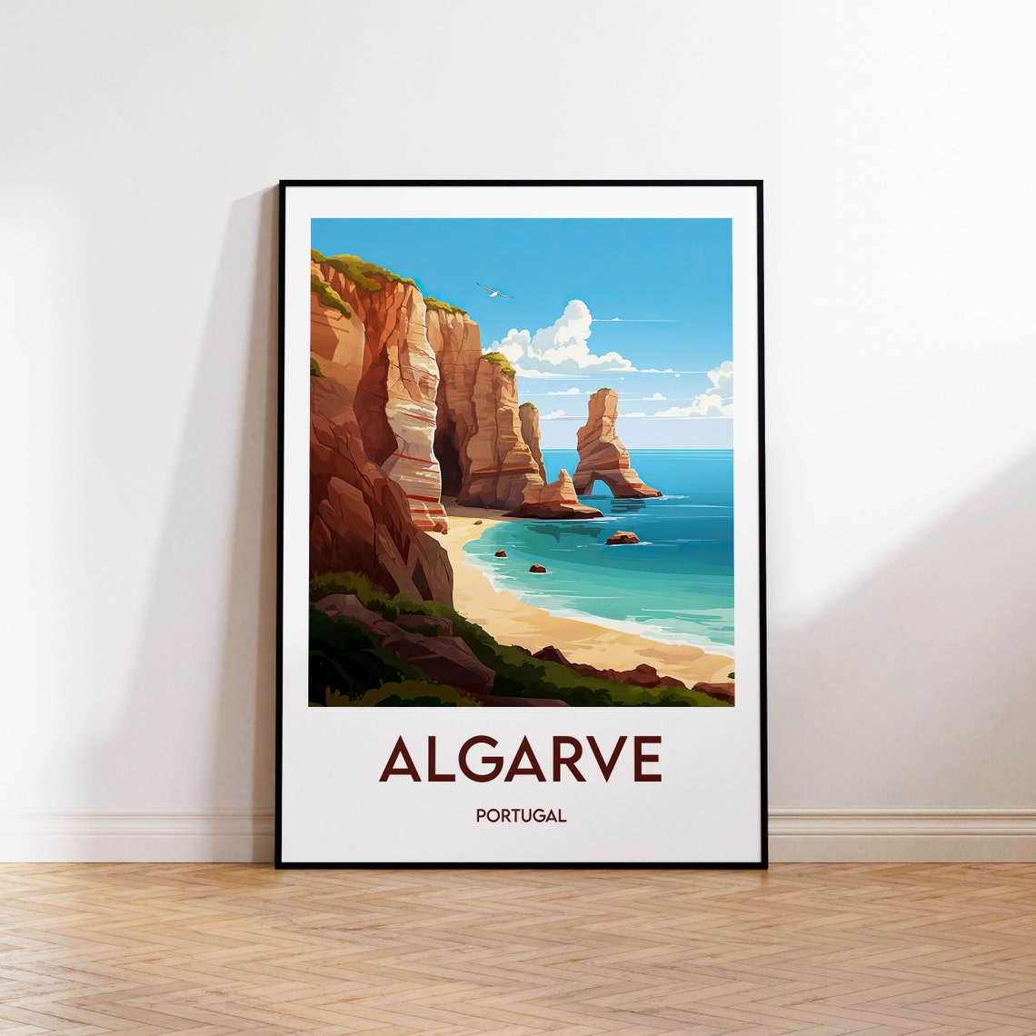 Algarve Portugal Rocky Cliffs Beach Coast Vintage Travel Poster