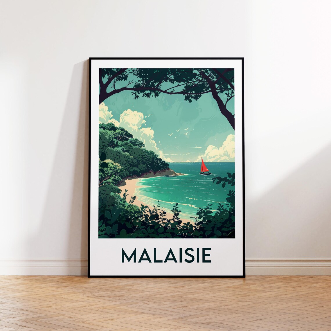 Malaysia Tropical Beach Red Sailboat Bay Vintage Travel Poster