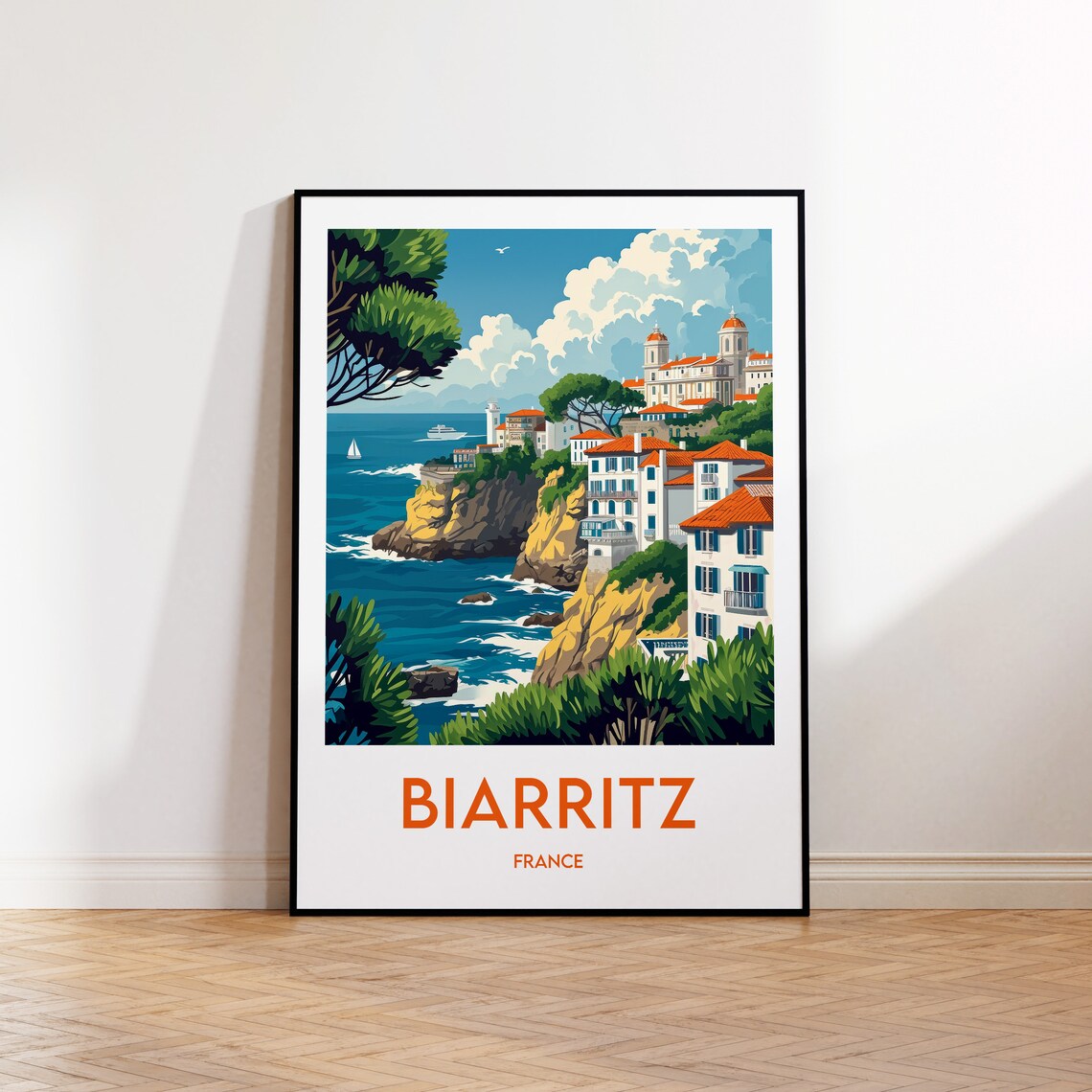Biarritz France Coastal Cliffs and White Houses Vintage Travel Poster