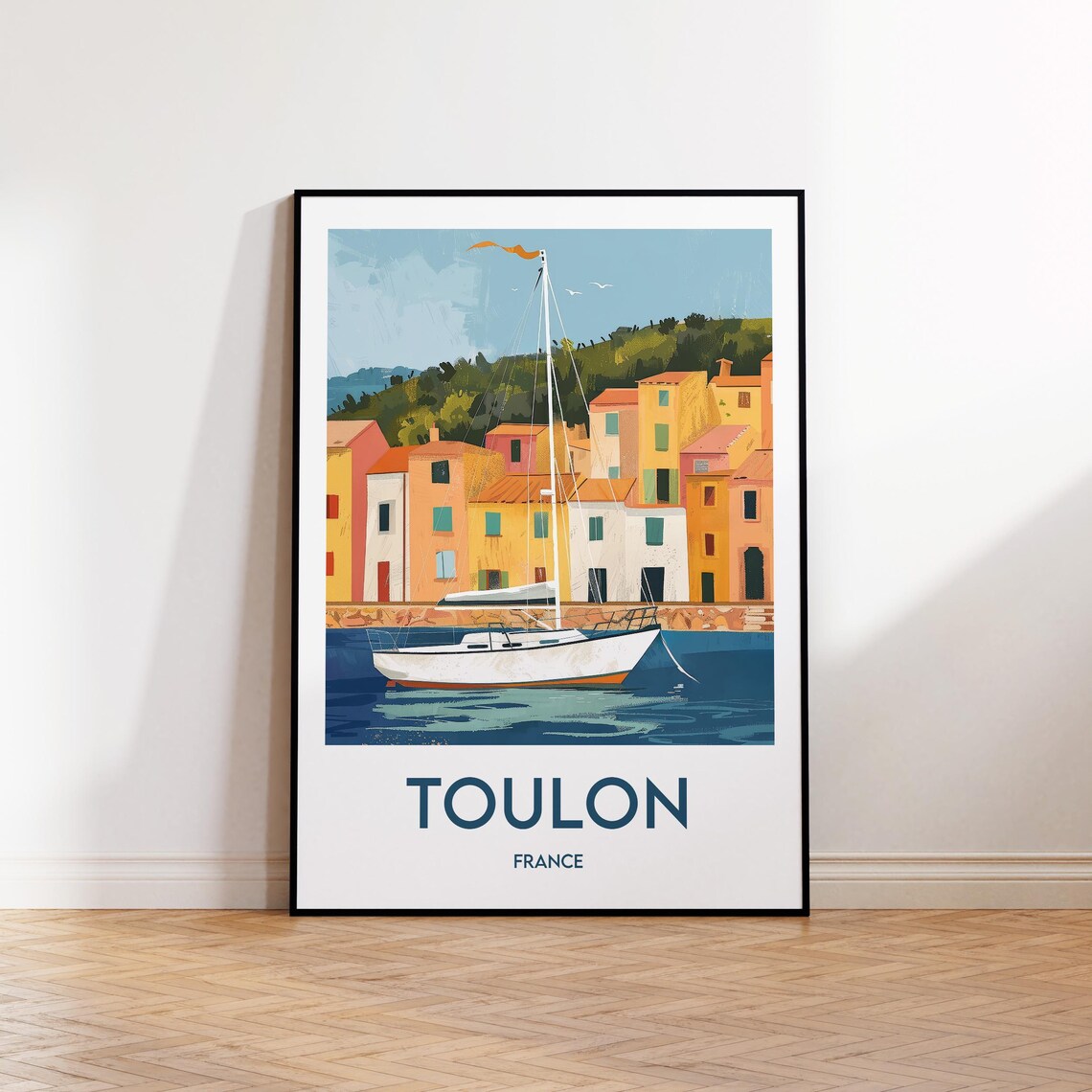 Toulon France Sailboat Harbor Waterfront Retro Travel Art Poster