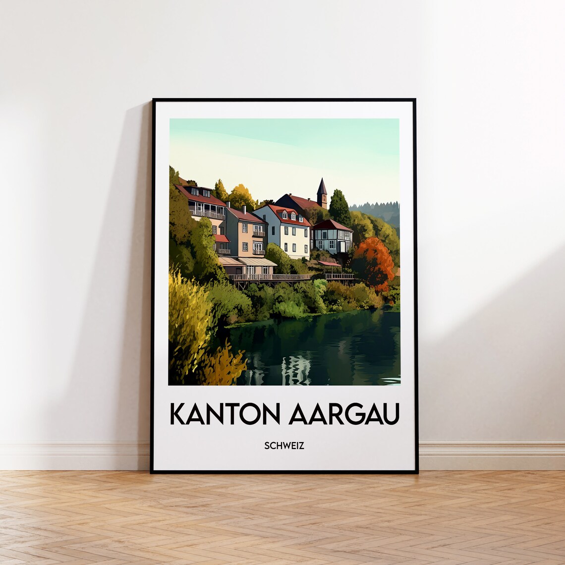 Kanton Aargau Schweiz Vintage Travel Poster with Riverside Village