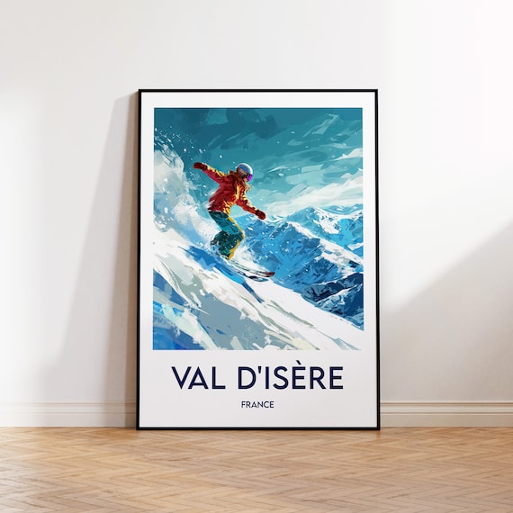 Val d'Isere France Vintage Ski Poster Snowboarder Powder Jump