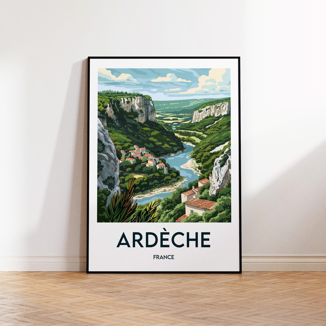 Ardeche France River Gorge Cliffs and Riverside Village Travel Poster