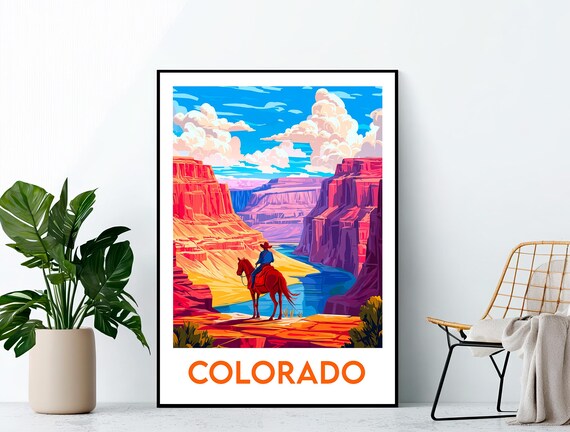 Colorado Vintage Travel Poster With Cowboy Riding Red Canyon