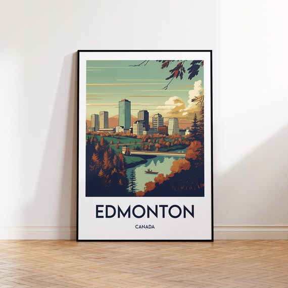 Edmonton Canada Autumn River Valley Skyline Vintage Travel Poster