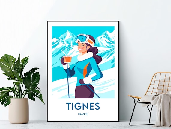 Tignes France Retro Ski Resort Travel Poster with Skier Holding Hot Cocoa