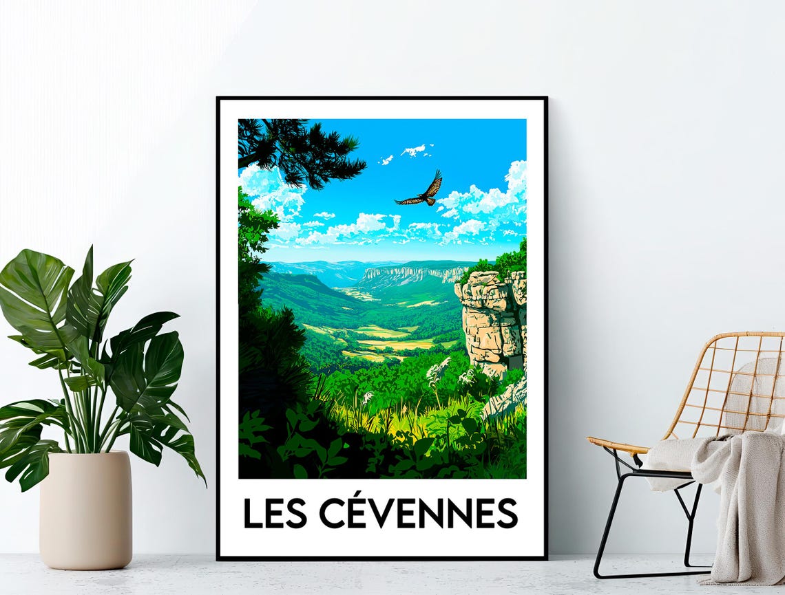 Les Cévennes Eagle Soaring Over a Green Canyon Valley Poster