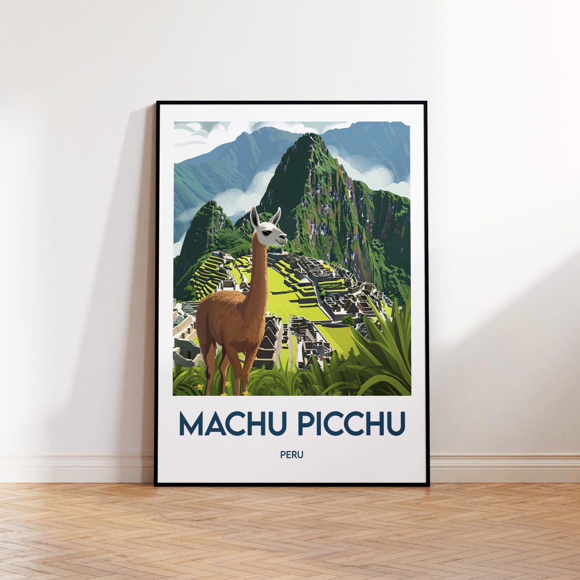 Machu Picchu Peru Vintage Travel Poster with Llama and Ruins