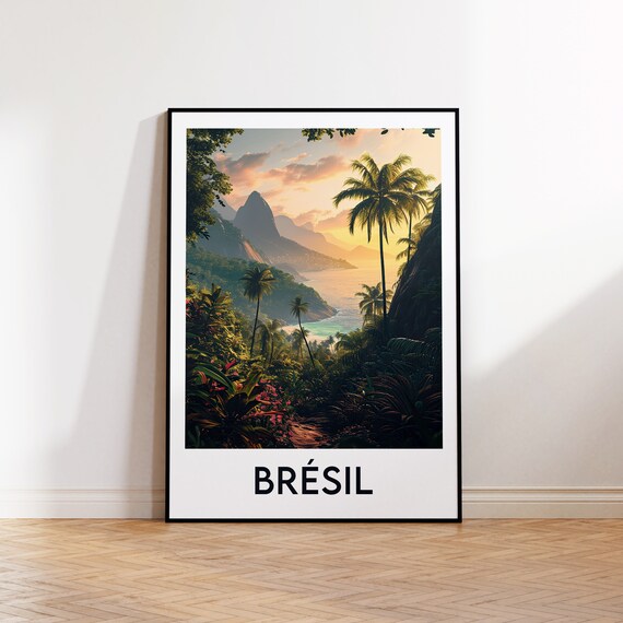 Brazil Tropical Coast Sunset with Palm Trees Vintage Travel Poster