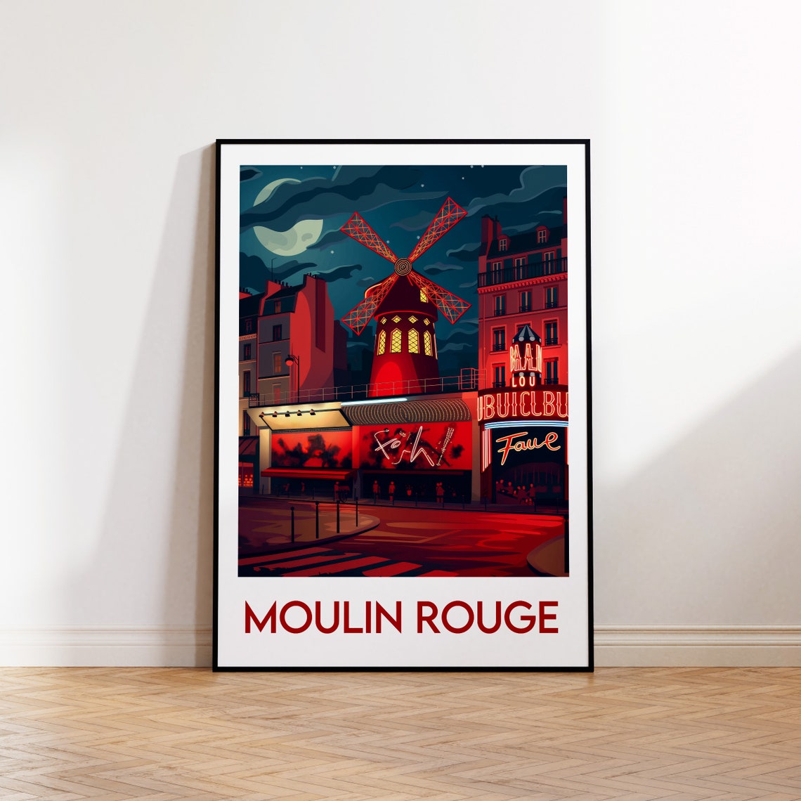 Moulin Rouge Paris Windmill Cabaret at Night Neon Travel Poster