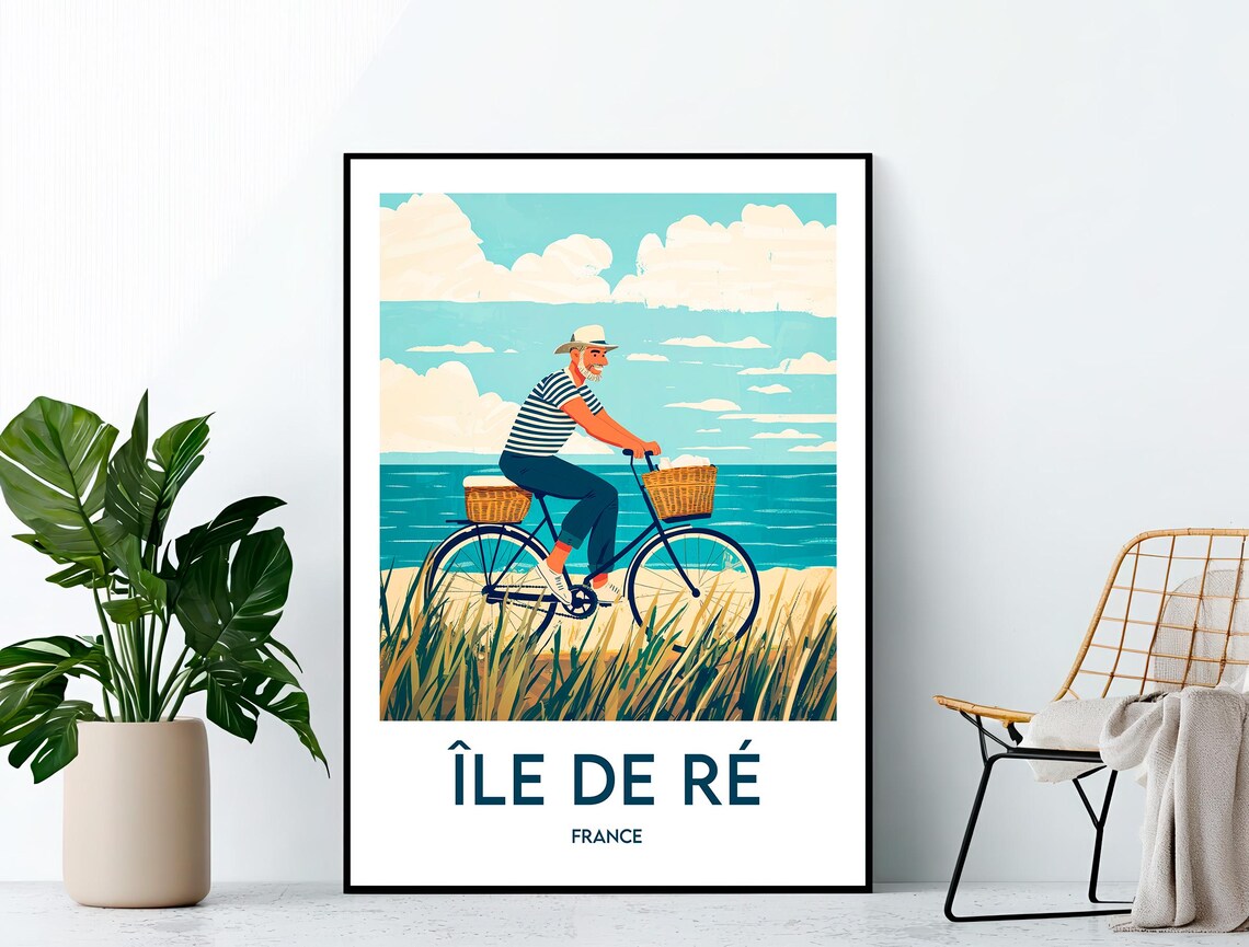 Ile de Re France Bicycle Beach Scene Retro Vintage Travel Poster