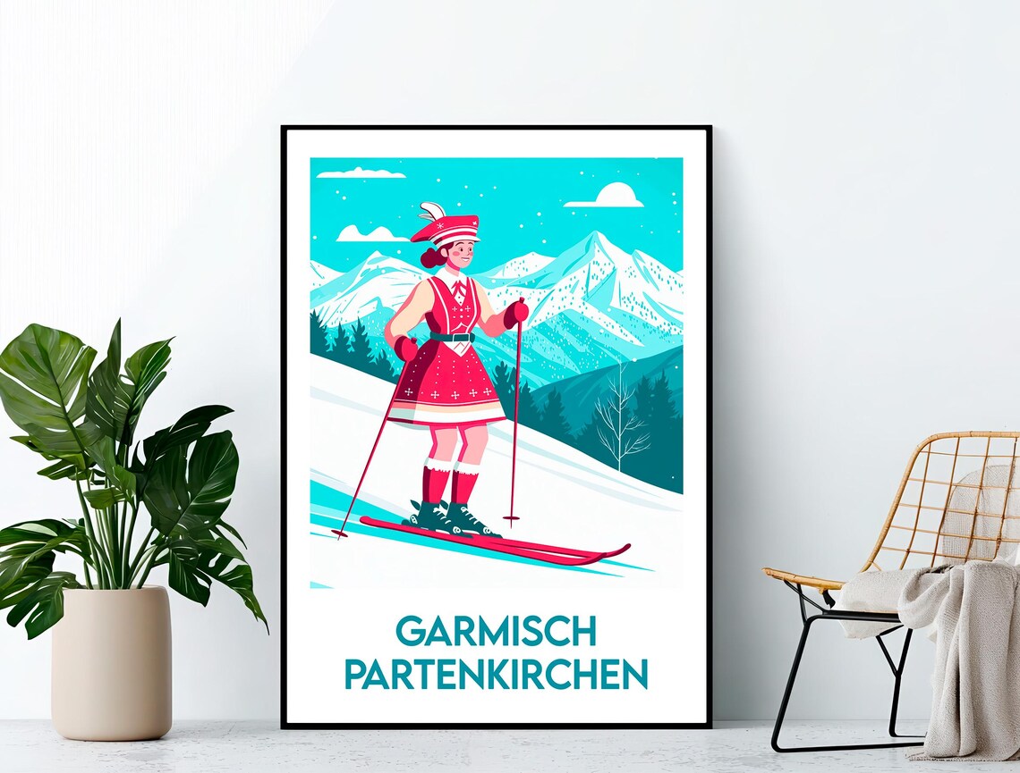 Garmisch Partenkirchen Ski Resort Woman Skier in Red Folk Dress Print