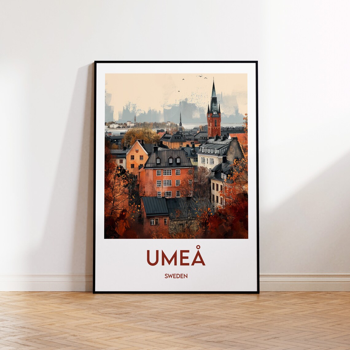 Umea Sweden Autumn Old Town Rooftops Church Spire Travel Poster