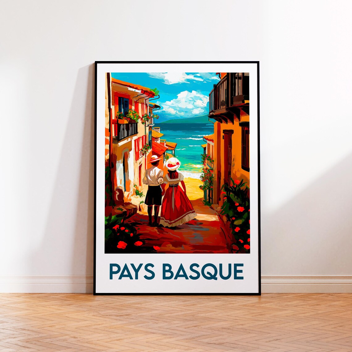 Pays Basque Vintage Travel Poster with Coastal Street and Ocean View