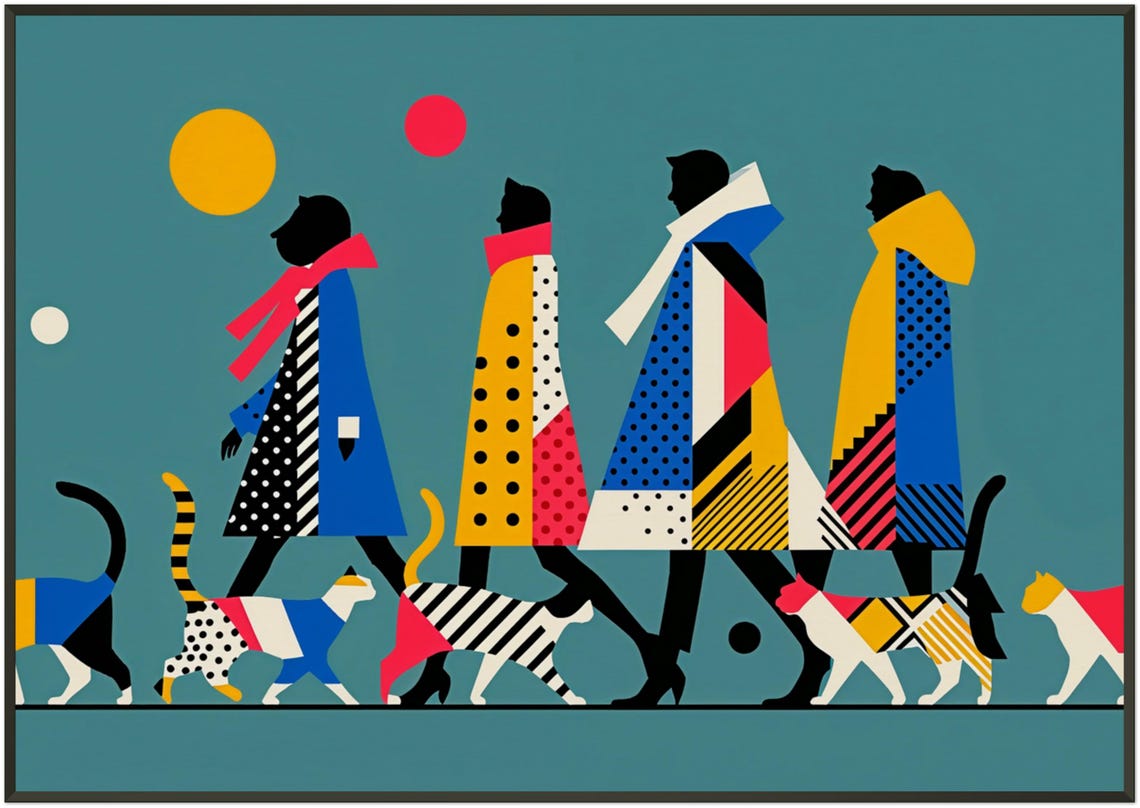 Cat Parade Walk People Colorful Coats Geometric Modern Art Poster - Image 5
