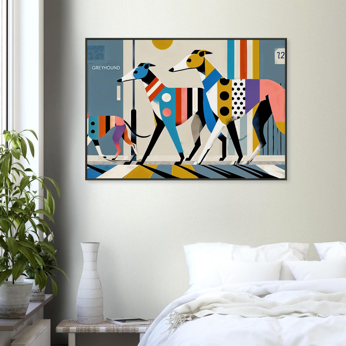 Greyhound Duo Retro City Scene Stylish Geometric Dog Walk Poster - Image 4