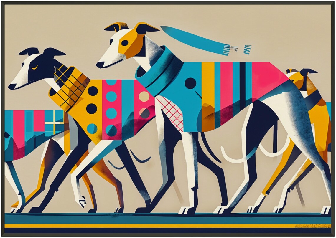 Greyhound Friends Playful Polka Dot Striped Sweater Dog Art Poster