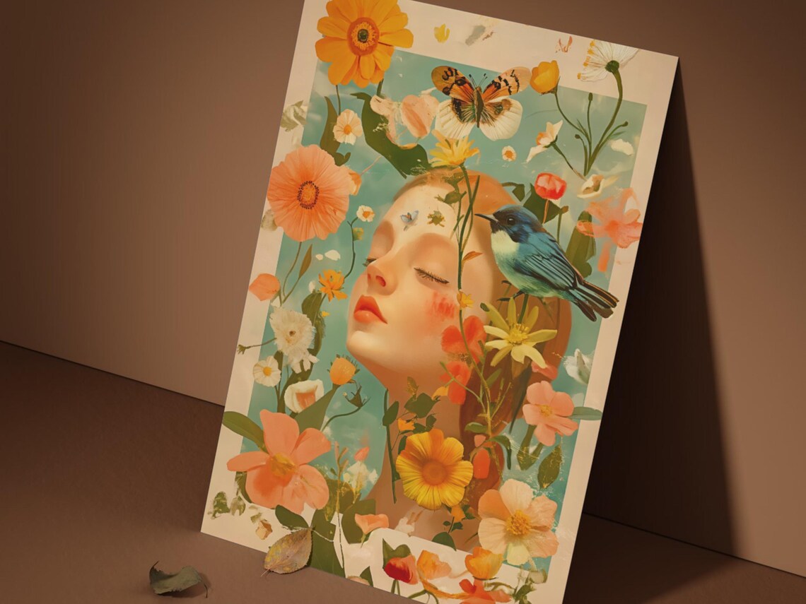 Vintage Floral Lady Portrait Orange Blooms Bluebirds Art Poster - Image 4