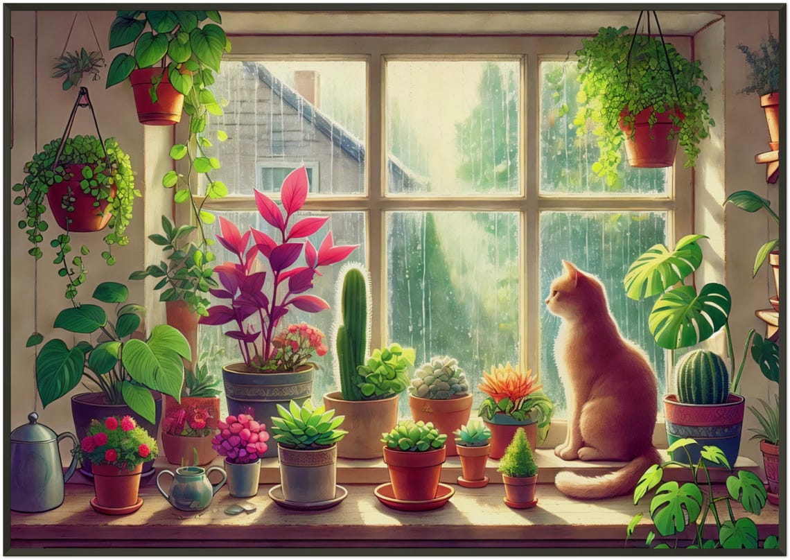 Ginger Cat Watching Rain Windowsill Plants Illustration Poster