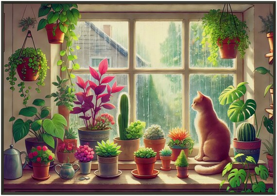 Ginger Cat Watching Rain Windowsill Plants Illustration Poster