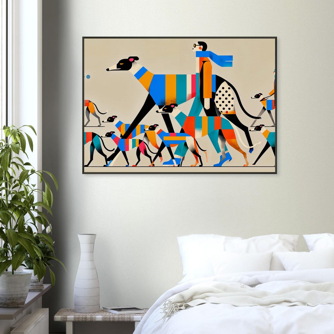 Colorful Greyhound Pack Walk Blue Scarf Geometric Modern Dog Poster - Image 3