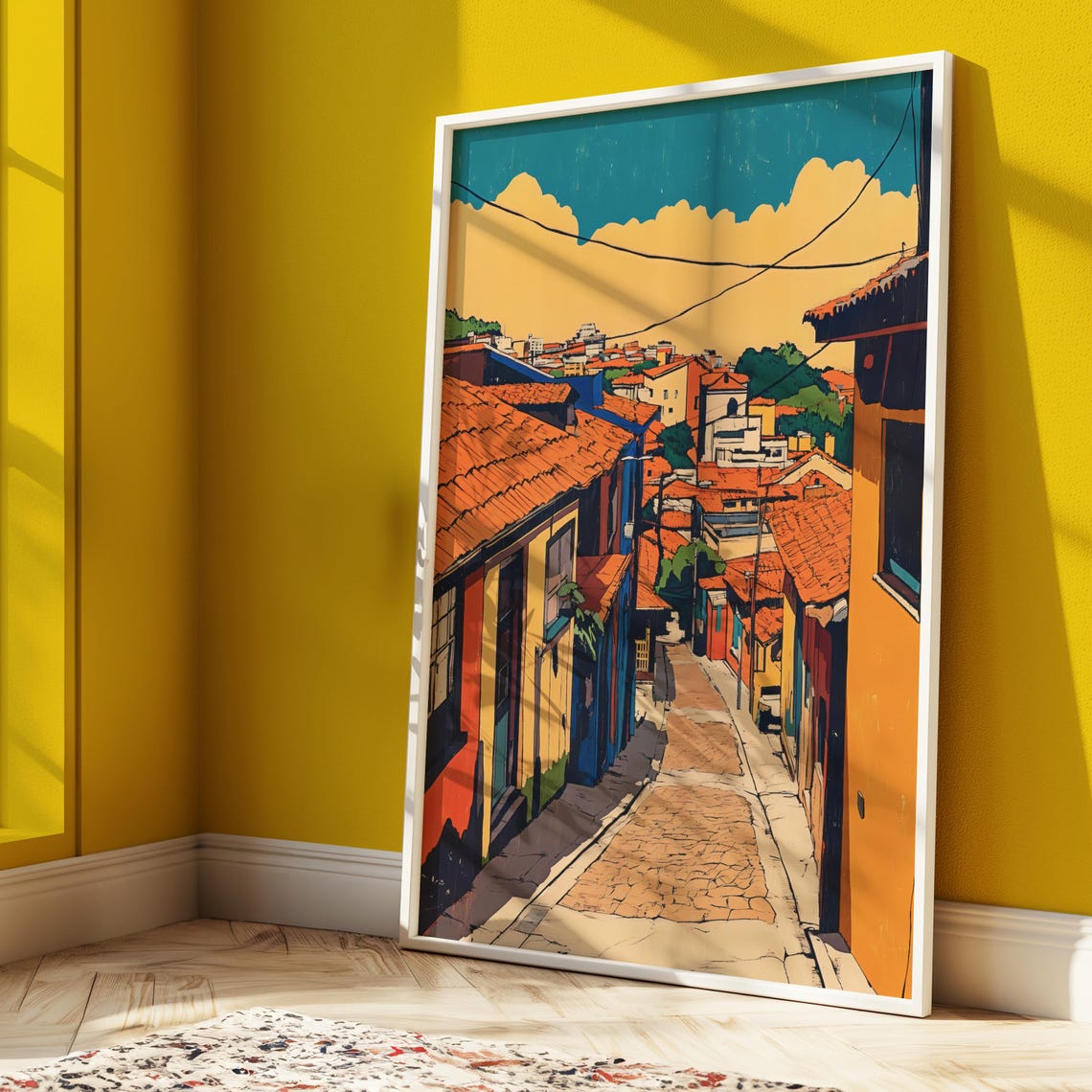 Vibrant Retro Colorful Cobblestone Street Old Town Art Poster - Image 3