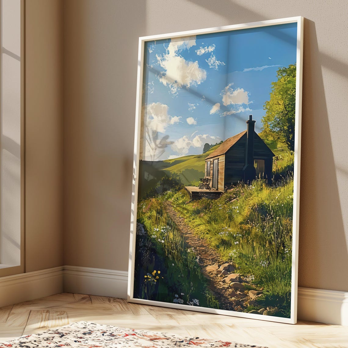 Rustic Wooden Cabin On Sunny Wildflower Meadow Hillside Art Poster - Image 2