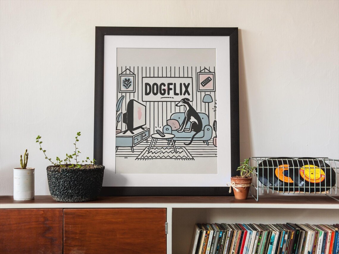 Cozy Dogflix Funny Greyhound Watching TV Retro Living Room Poster - Image 2