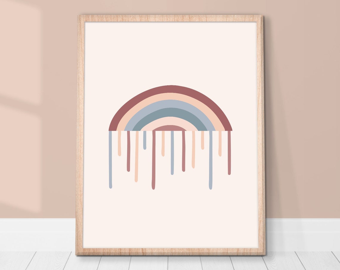 Boho Rainbow With Rain Drips Muted Earth Tone Nursery Wall Poster