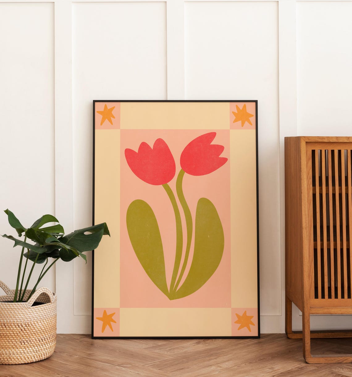 Red Tulips Star Border Scandinavian Folk Botanical Art Poster - Image 5