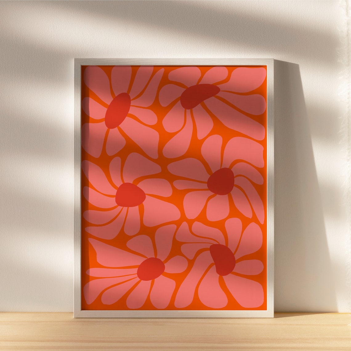 Bold Retro Floral Poster With Pink Daisies on Bright Orange Background - Image 3