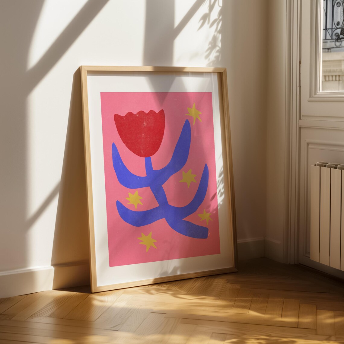 Red Tulip With Blue Leaves And Yellow Stars Pink Folk Art Poster - Image 2