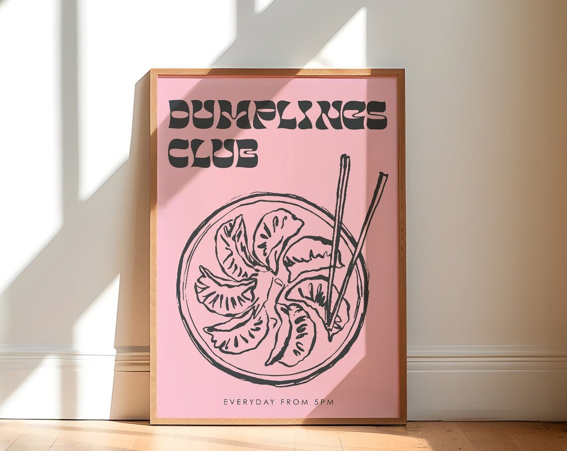 Dumplings Club Pink Retro Chopsticks Kitchen Decor Wall Poster