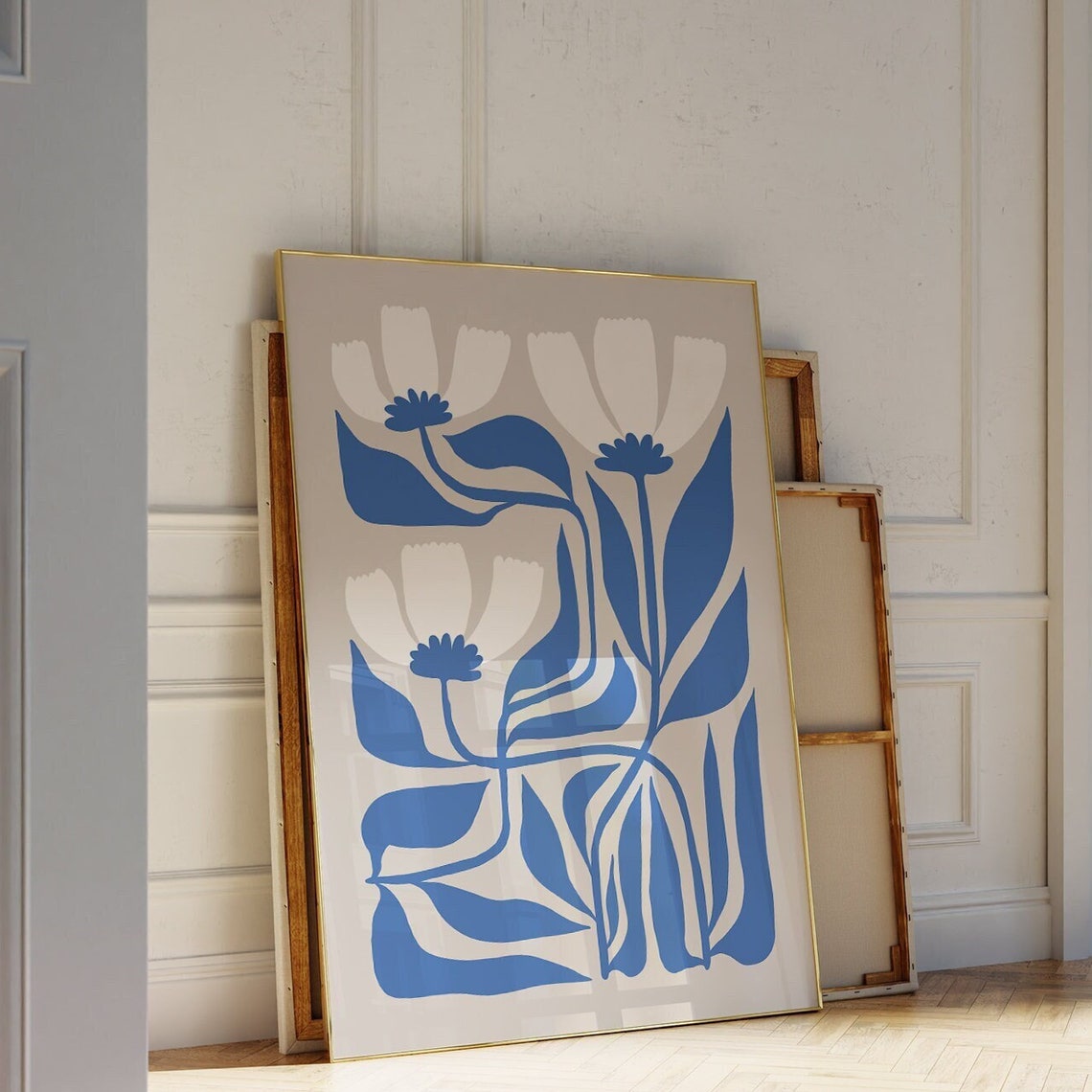 Blue White Flower Abstract Botanical Art Print