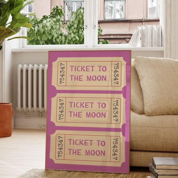 Girly Ticket To The Moon Purple Wall Art College Apartment Wall Decor Trendy Dorm Wall Decor Preppy Bedroom Print Cute