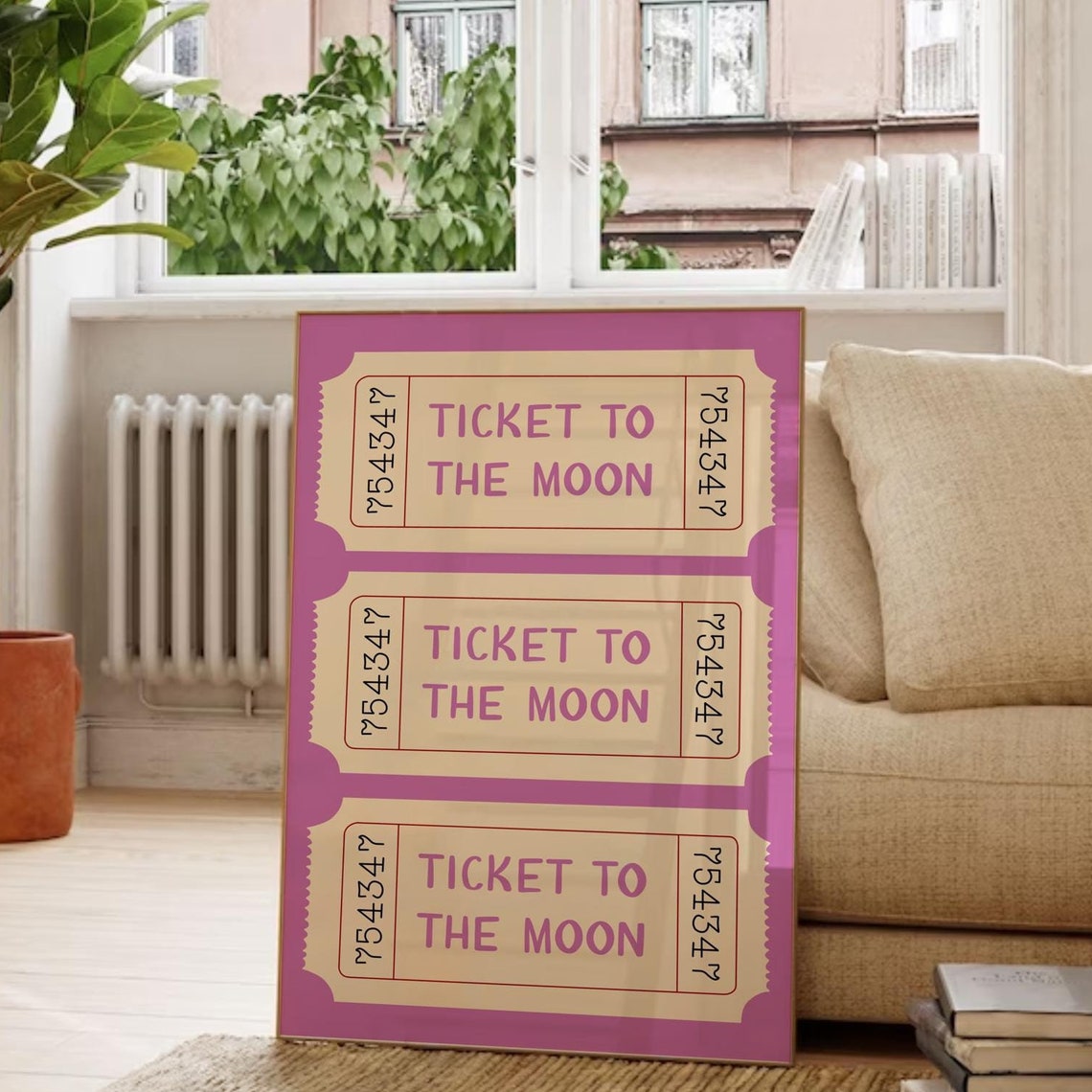 Ticket To The Moon Purple Retro Ticket Stub Style Wall Art Decor